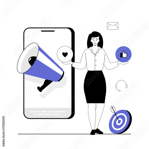 Outbound marketing concept. Business product promotion. Advertising campaign, attracting customers, promotion strategy. Vector illustration with line people for web design.