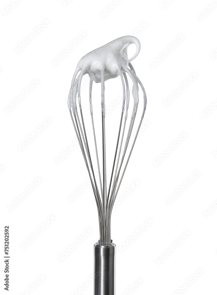 Whisk with whipped egg whites isolated on white