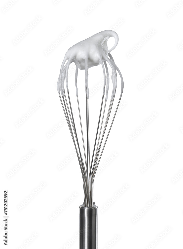 Whisk with whipped egg whites isolated on white Whisk with whipped egg whites isolated on white