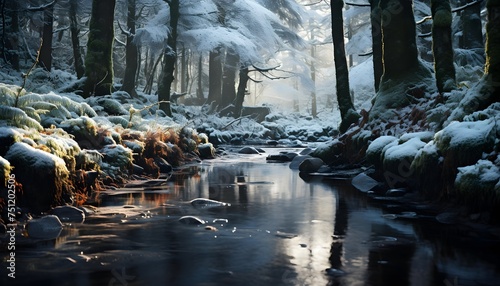 Winter landscape with a river flowing through the forest. Long exposure.