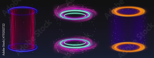 Magic neon glow portal for game ui design. Realistic vector circle podium with luminous beams and rings with light effect for time travel or product display. Futuristic teleport technology concept.