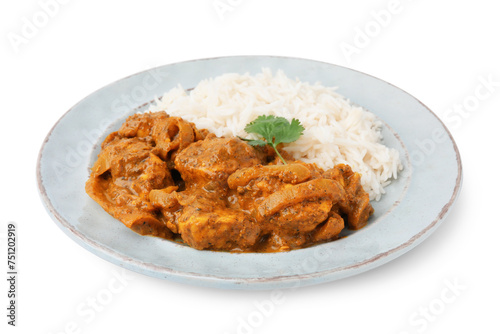 Delicious chicken curry with rice isolated on white