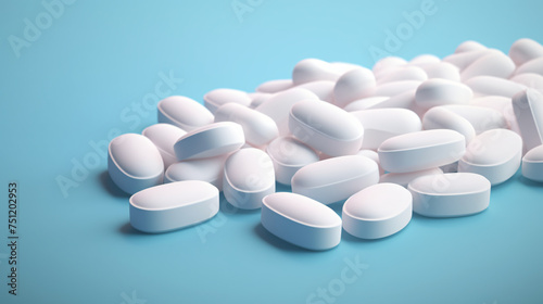Pile of white oblong tablets pills on gradient background photo