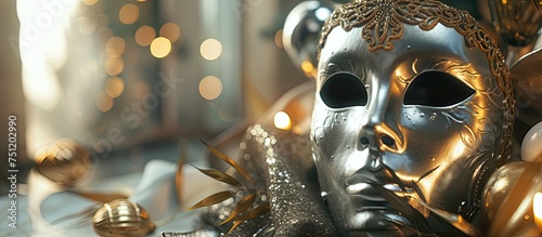 A close-up shot of a silver mask with a gold ornament sitting on top of a table. The mask appears to be intricate and detailed, possibly part of a costume or decoration for a Purim carnival.