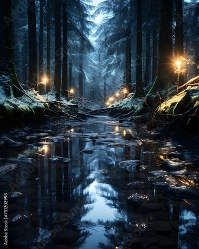 Foggy winter night in the forest with snowy trees and river