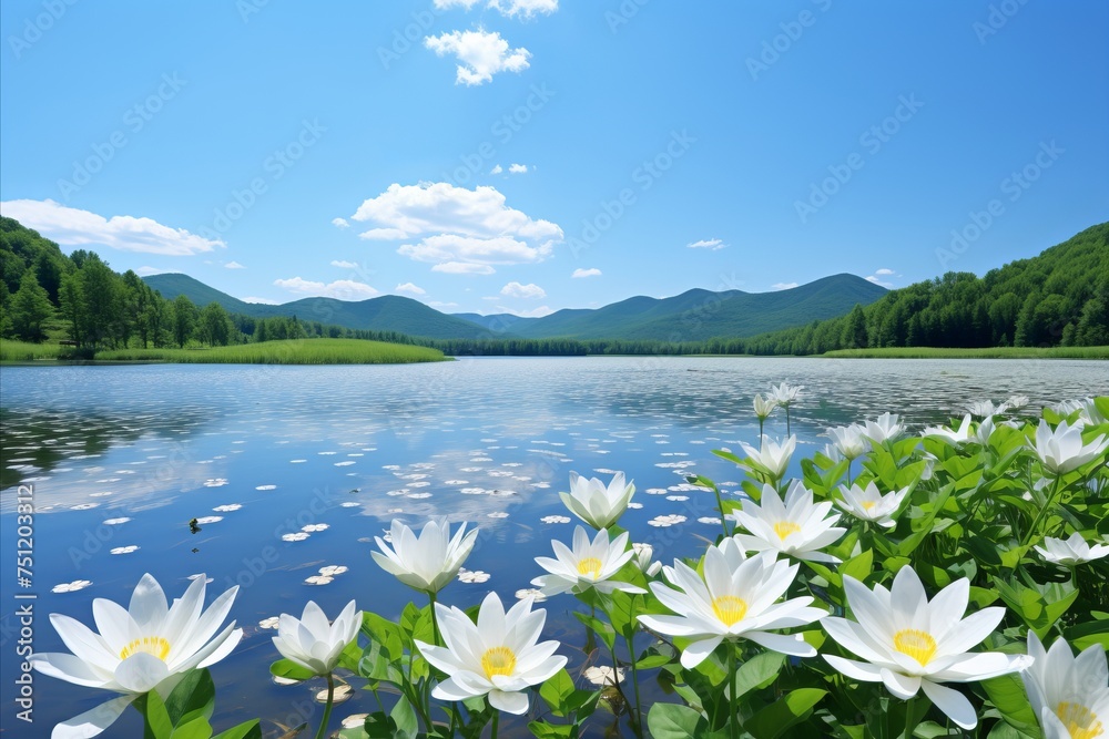 Tranquil lake landscape with beautiful lilies and reeds reflecting on the smooth water surface - obrazy, fototapety, plakaty 