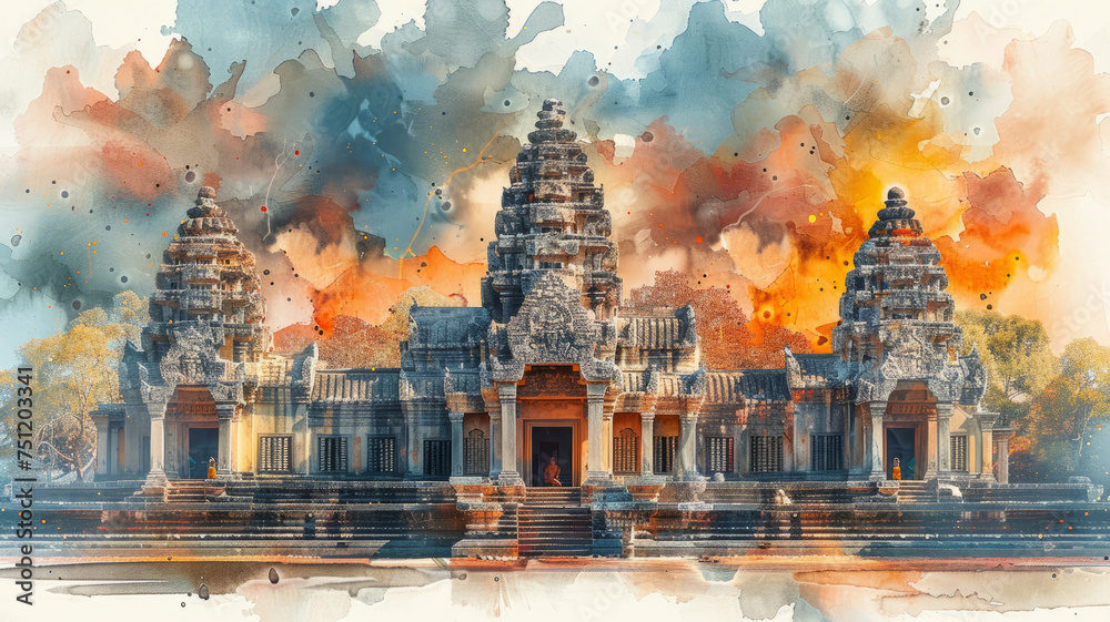 Prasat Phimai, ancient Khmer temple in Thailand, rendered in watercolor style,generative ai - obrazy, fototapety, plakaty 