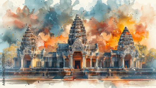 Prasat Phimai, ancient Khmer temple in Thailand, rendered in watercolor style,generative ai photo