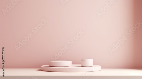 A minimalistic cosmetic display with three cylindrical pedestals in varying heights against a soft pink backdrop  ideal for showcasing beauty products
