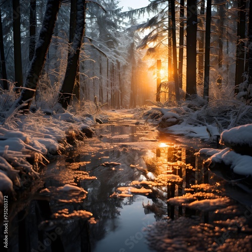Sunset in winter forest. Beautiful winter landscape with snow covered trees.