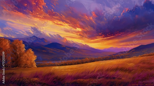 A symphony of colors in the sky during sunset  blending warm tones of orange  pink  and purple over an autumn landscape.