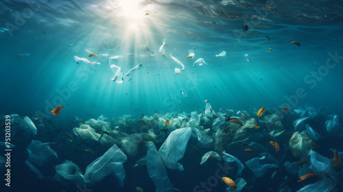 Plastic pollution of the ocean underwater photo. photo