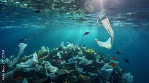 Plastic pollution of the ocean underwater photo.