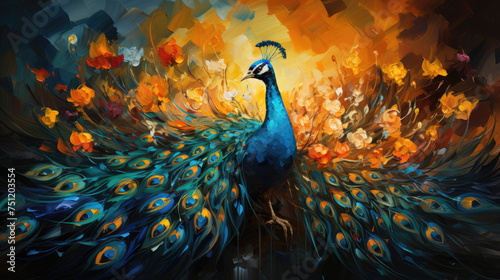 peacock bird with beautiful feathers painting in a style depicting dark emerald blue with a yellow green animal background 
