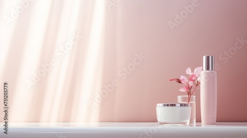 A serene cosmetic mockup with a pastel tone cream jar and lotion bottle  accompanied by delicate pink flowers  all bathed in soft light