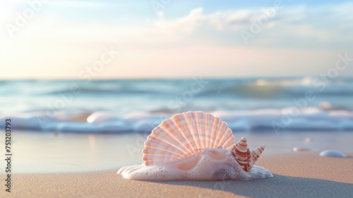 Big white pink sea shells conch on the beach sand with foamy waves crashing on the shore and clear sky at sunset with a warm atmosphere photo