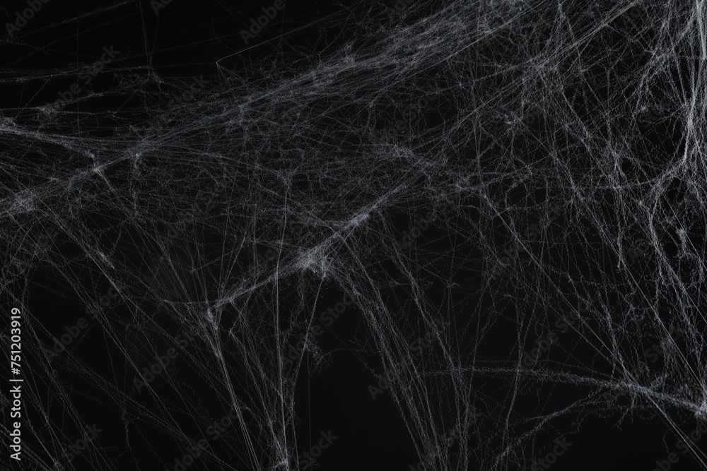 Creepy white spider web on black background - obrazy, fototapety, plakaty 