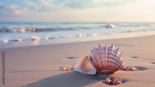 Big white pink sea shells conch on the beach sand with foamy waves crashing on the shore and clear sky at sunset with a warm atmosphere created with Generative AI Technology