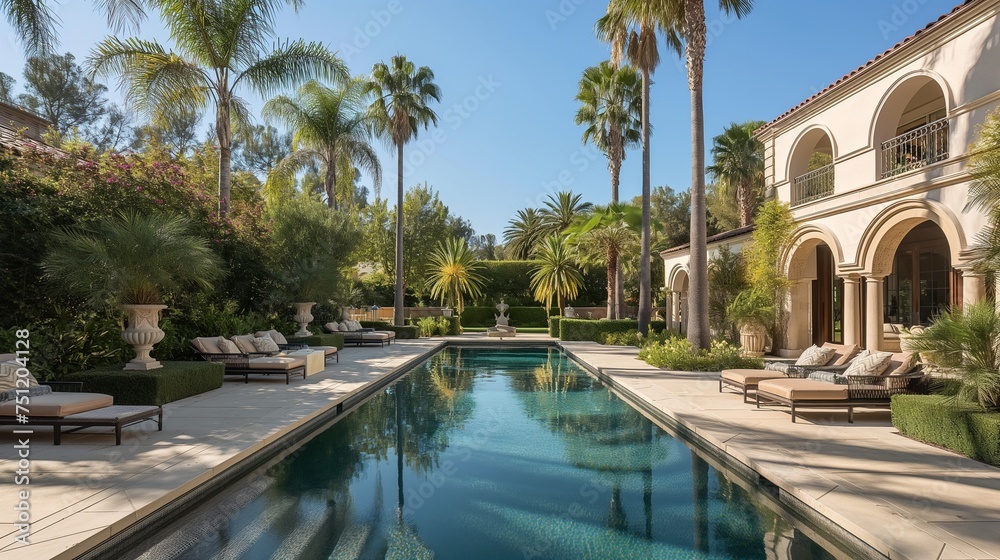 A symphony of design and nature in an image of an extravagant pool surrounded by palm trees and upscale outdoor furnishings