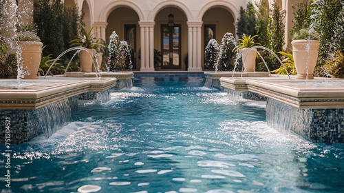 A symphony of elegance and water in a high-quality snapshot of an opulent pool  featuring cascading water features and upscale design elements