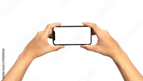Close up hand holding modern smart phone mockup. New modern black frameless smartphone mockup with blank white screen. Isolated on white background high quality studio shot Modern smart
