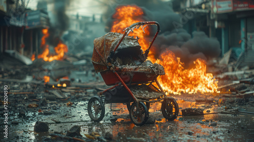 a vintage stroller burning in the middle of a big street of a destroyed city,generative ai photo