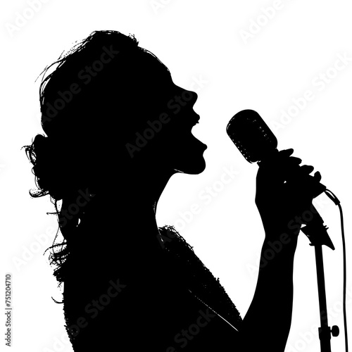 Silhouette of a female diva vocalist singing with a microphone which is used by a singer in a performance at a concert in a hall or club, Generative AI stock illustration image