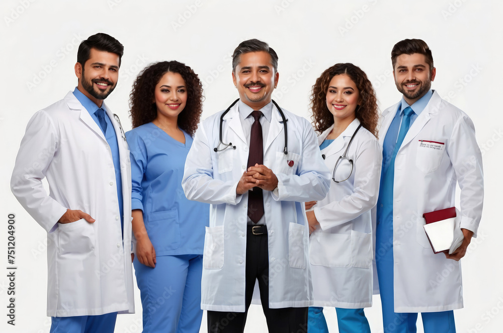 Team of medical professionals in hospital gowns in row Team of medical professionals in hospital gowns in row