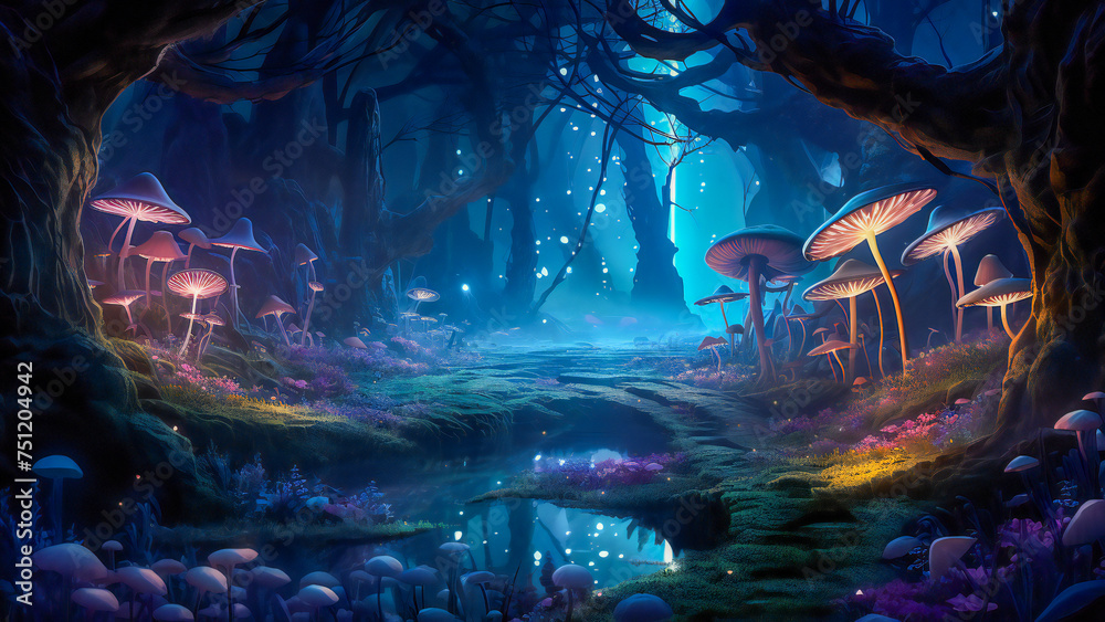 An enchanted forest in the night, with luminescent plants and mushrooms