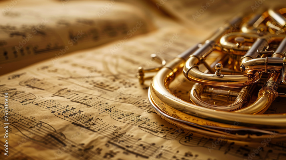 Fototapeta premium Closeup of a french horn over music sheets. Classical music concept.