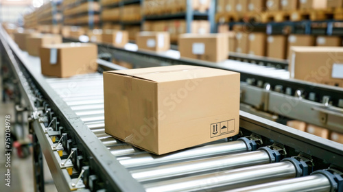 A conveyor belt in a distribution warehouse with cardboard box packages on it, ready for delivery