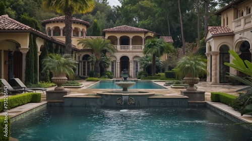 A symphony of luxury and water in a high-quality image of an upscale pool, surrounded by architectural beauty and meticulously landscaped gardens