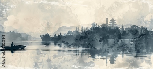 Monochrome Chinese ink wash painting style illustration depicting a serene lakescape with a solitary boatman, traditional architecture, and distant hills photo