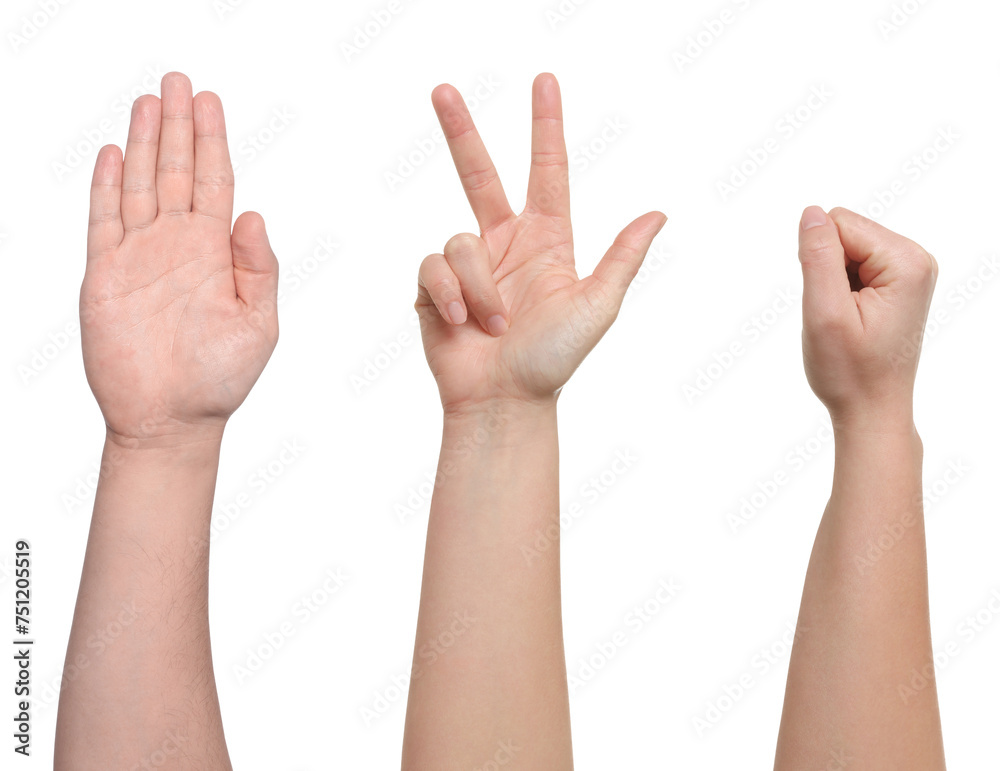 People playing rock, paper and scissors on white background, closeup People playing rock, paper and scissors on white background, closeup