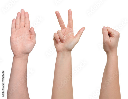 People playing rock, paper and scissors on white background, closeup