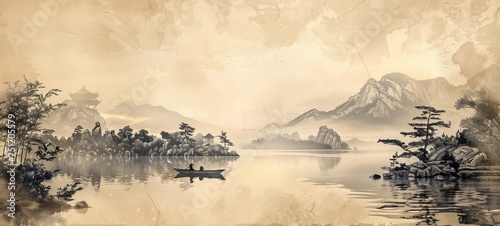 Ethereal Chinese landscape featuring traditional pagodas, misty mountains, and a lone figure rowing on a tranquil lake, rendered in a sepia-toned ink wash painting style photo