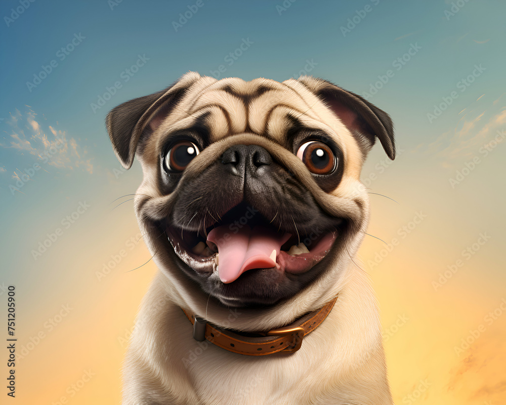 Funny pug dog with happy expression on blue sky background.