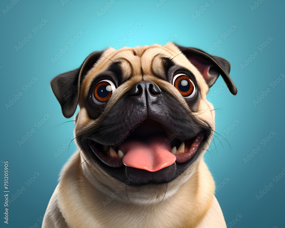 Funny pug dog with tongue out. Dog on blue background.