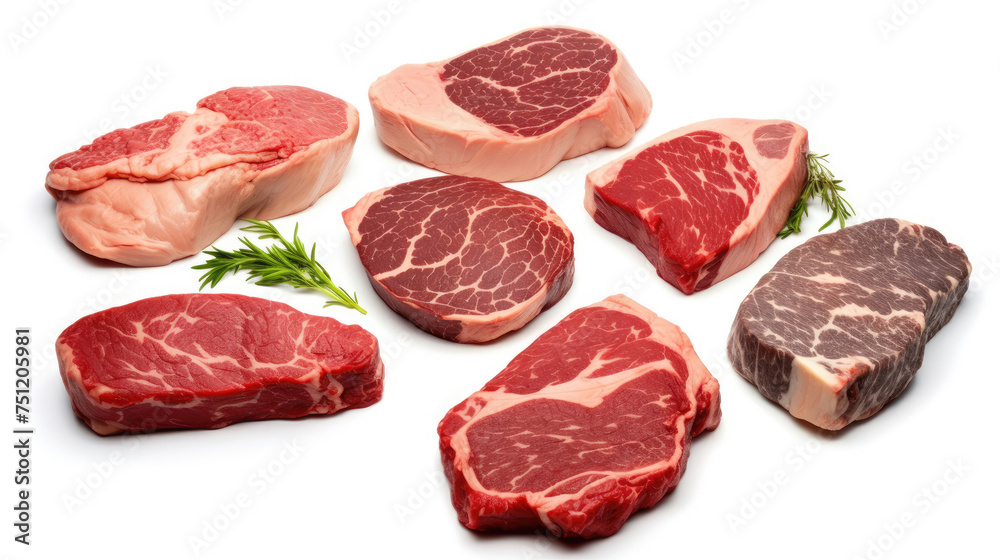 various slices of red raw steak meat isolated on white background created with Generative AI Technology