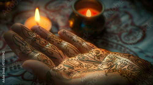 symbolic touch: a close-up of a ritually painted hand, showcasing intricate and cultural artistry photo