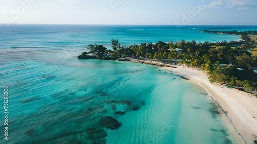 Serene tropical beach paradise scene, aerial view of clear blue waters and lush greenery. ideal for travel and tourism. AI