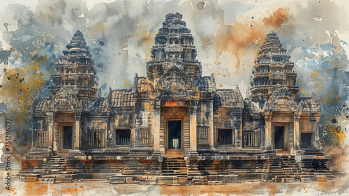 Prasat Phimai, ancient Khmer temple in Thailand, rendered in watercolor style,generative ai