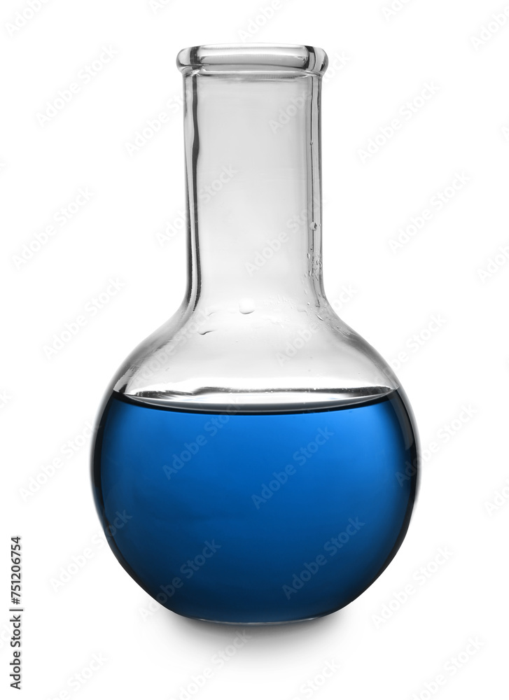 Boiling flask with blue liquid isolated on white. Laboratory glassware Boiling flask with blue liquid isolated on white. Laboratory glassware