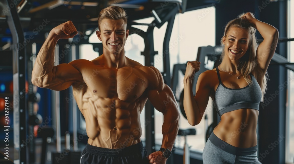 Fototapeta premium Happy athletic couple flexing their muscles after working out in gym.