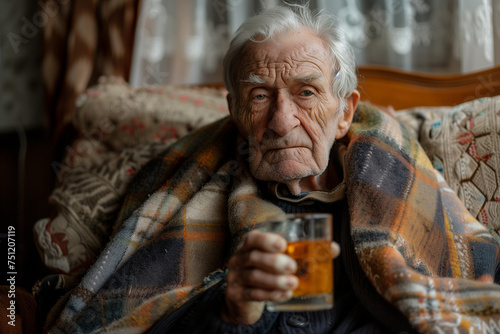 Elderly man with a glass of tea in his hands.