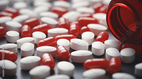 Redwhite antibiotic capsule pills spread out of w