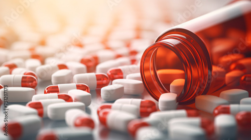 Redwhite antibiotic capsule pills spread out of w photo