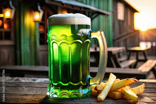 Green beer with French fries on wooden table on background of a pub in the evening. St. Patrick's day.