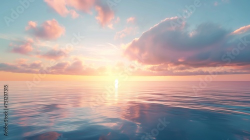 A tranquil HD depiction of a minimalist seascape at sunrise, featuring a gradient sky and calm waters for an elegant background mockup. © Exotic Graphics