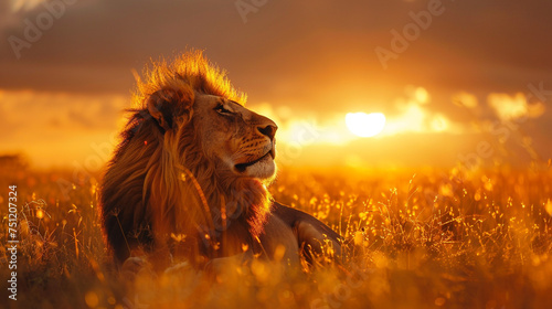 Majestic lion basking in the golden savannah sunset.  © Shamim